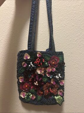 Zara Navy Beaded Floral Appliqué Shoulder Bag